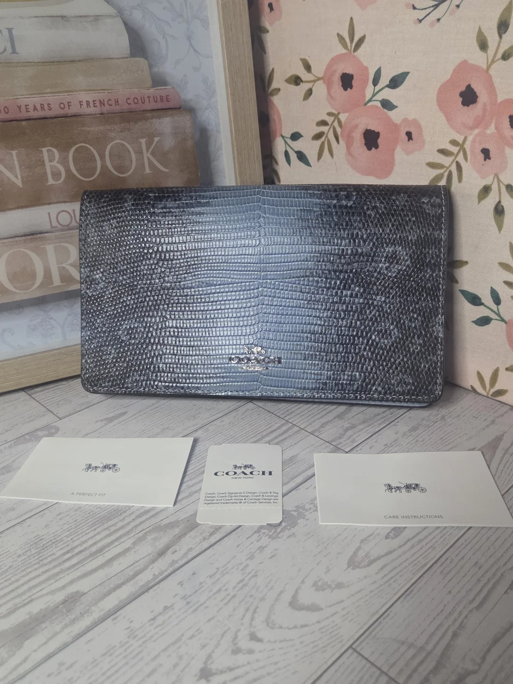 Coach Blue Gray Lizard-Textured Leather Wallet